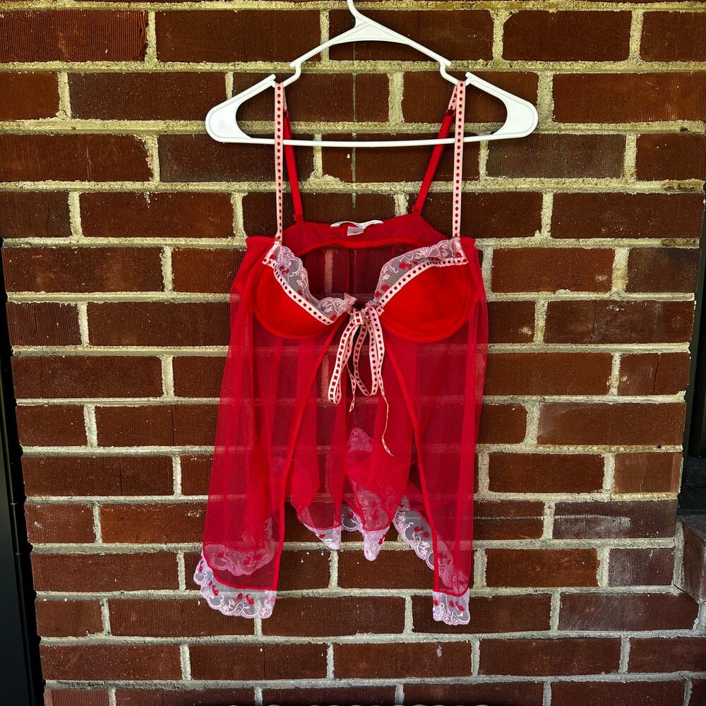 Y2K Victoria’s Secret Red Cherry Lace Sheer Babydoll Lingerie 36C